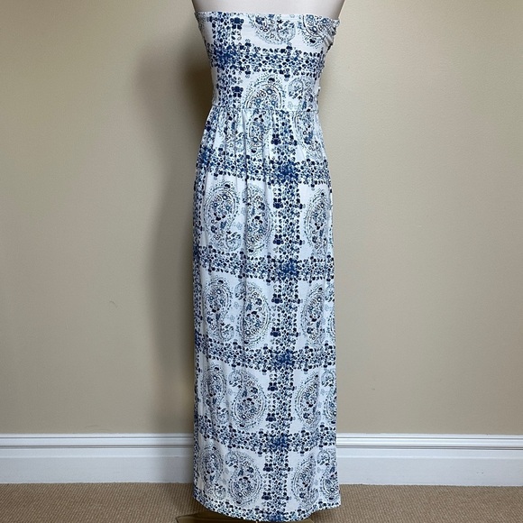 Grace Karin Blue White Strapless Maxi Dress, Pockets Boho Vacation Sundress, M - Picture 3 of 6
